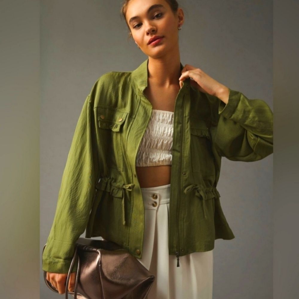 Anthropologie Oversized Green Utility Ruffle Jacket Size Small Medium
